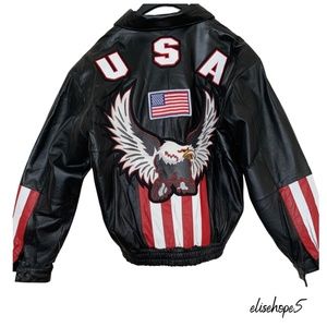 Leather Usa Genuine Leather Jacket/ American Flag Sleeves